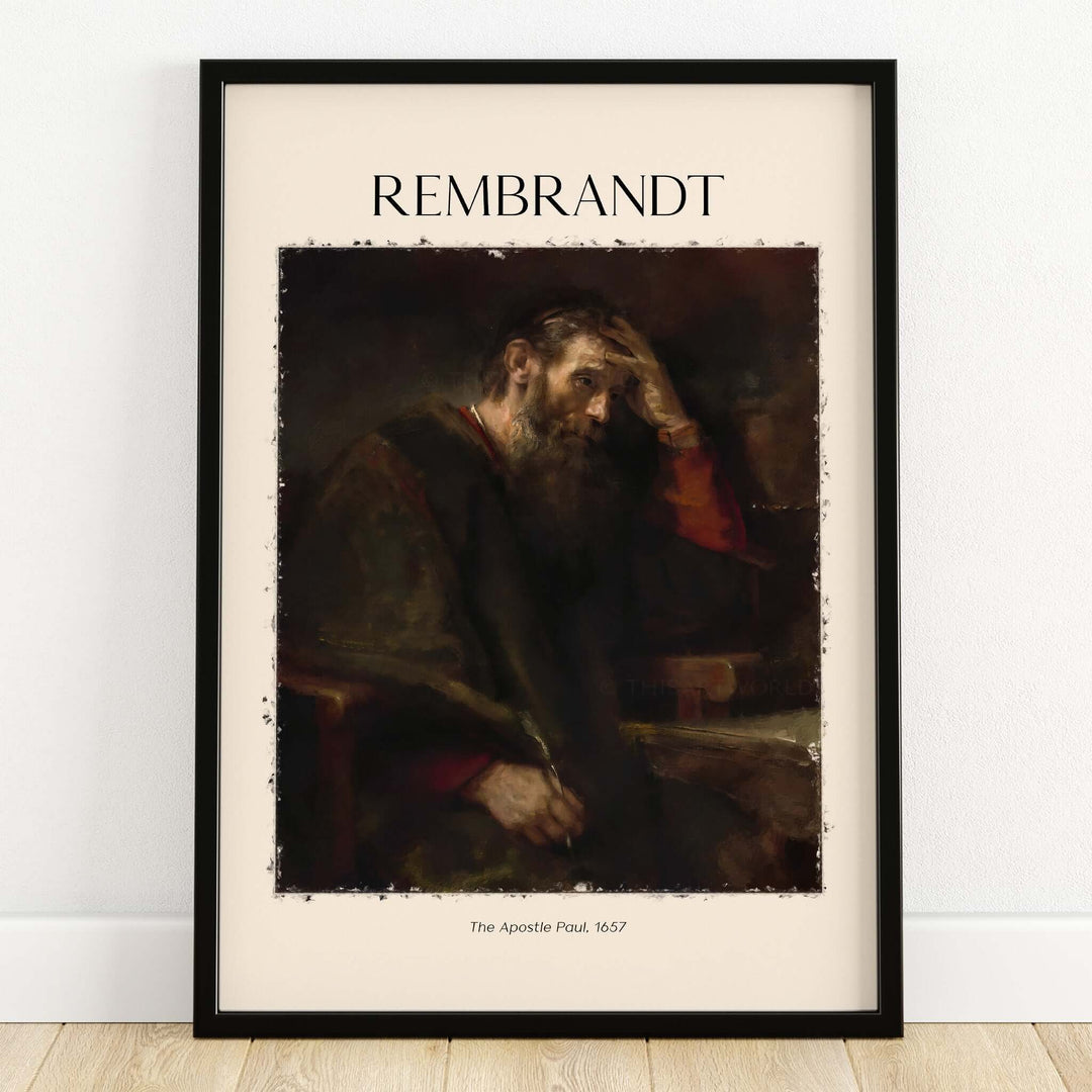 Rembrandt The Apostle Paul 1657 Religious Art Print Baroque Painting Poster framed in a modern style.