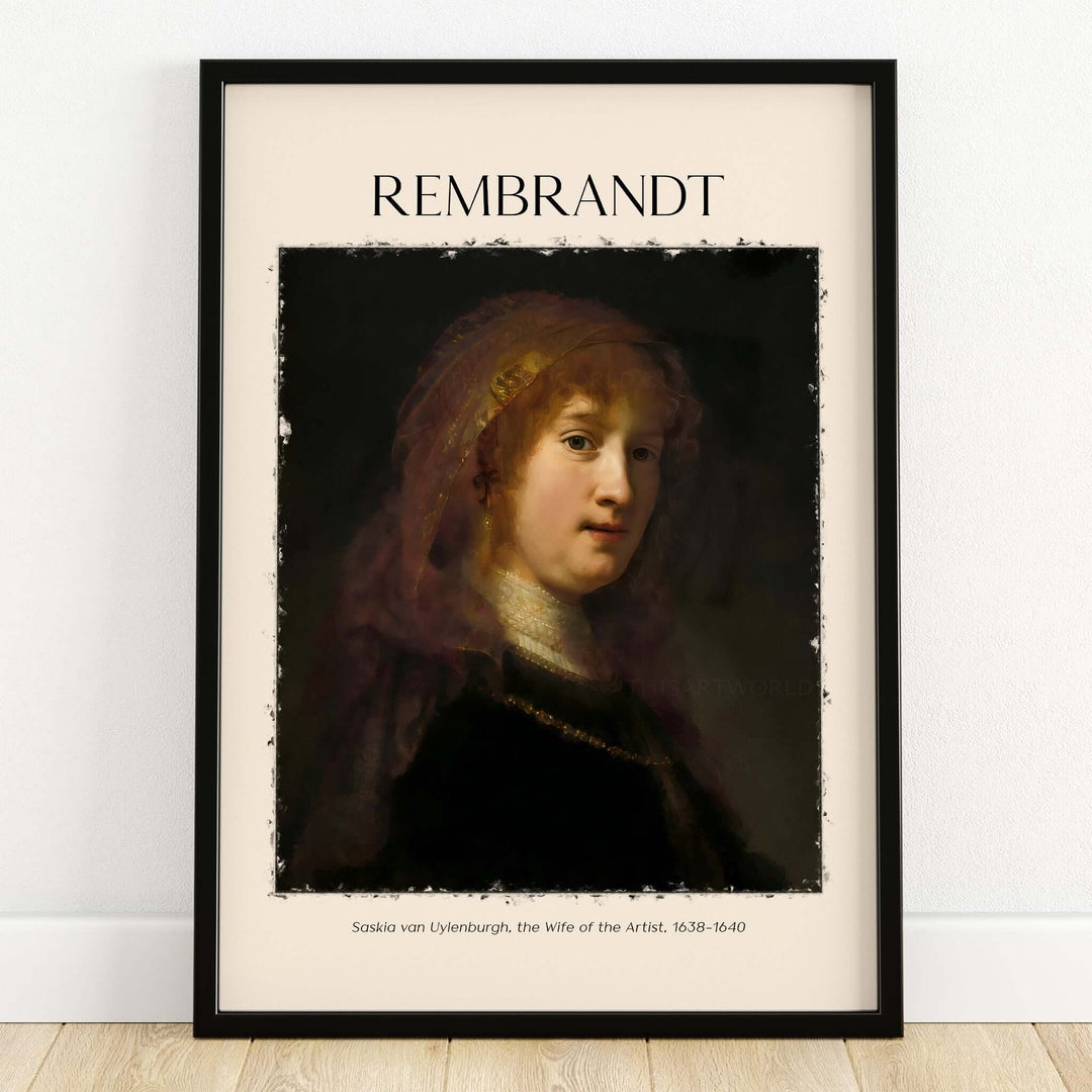Rembrandt Saskia van Uylenburgh Portrait Print Wife Artist Dutch Poster Wall Art print featuring a portrait of Saskia in a frame.
