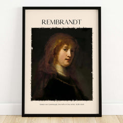 Rembrandt Saskia van Uylenburgh Portrait Print Wife Artist Dutch Poster Wall Art print featuring a portrait of Saskia in a frame.