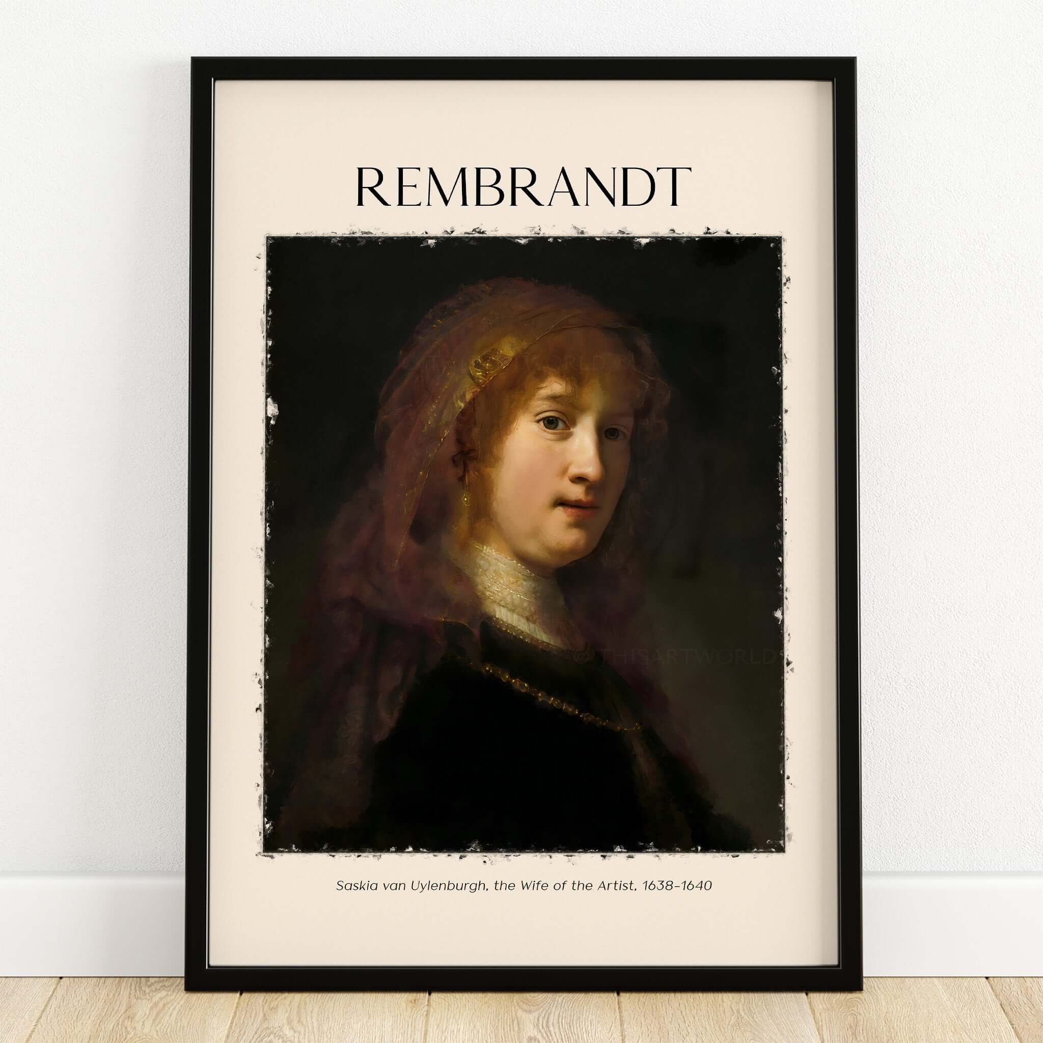 Rembrandt Saskia van Uylenburgh Portrait Print Wife Artist Dutch Poster Wall Art print featuring a portrait of Saskia in a frame.