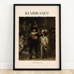 Rembrandt The Night Watch 1642 Famous Dutch Master Painting Art Print Poster framed wall art display.