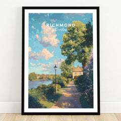 Richmond London art print in black frame, riverside path with trees and blue sky, wall decor