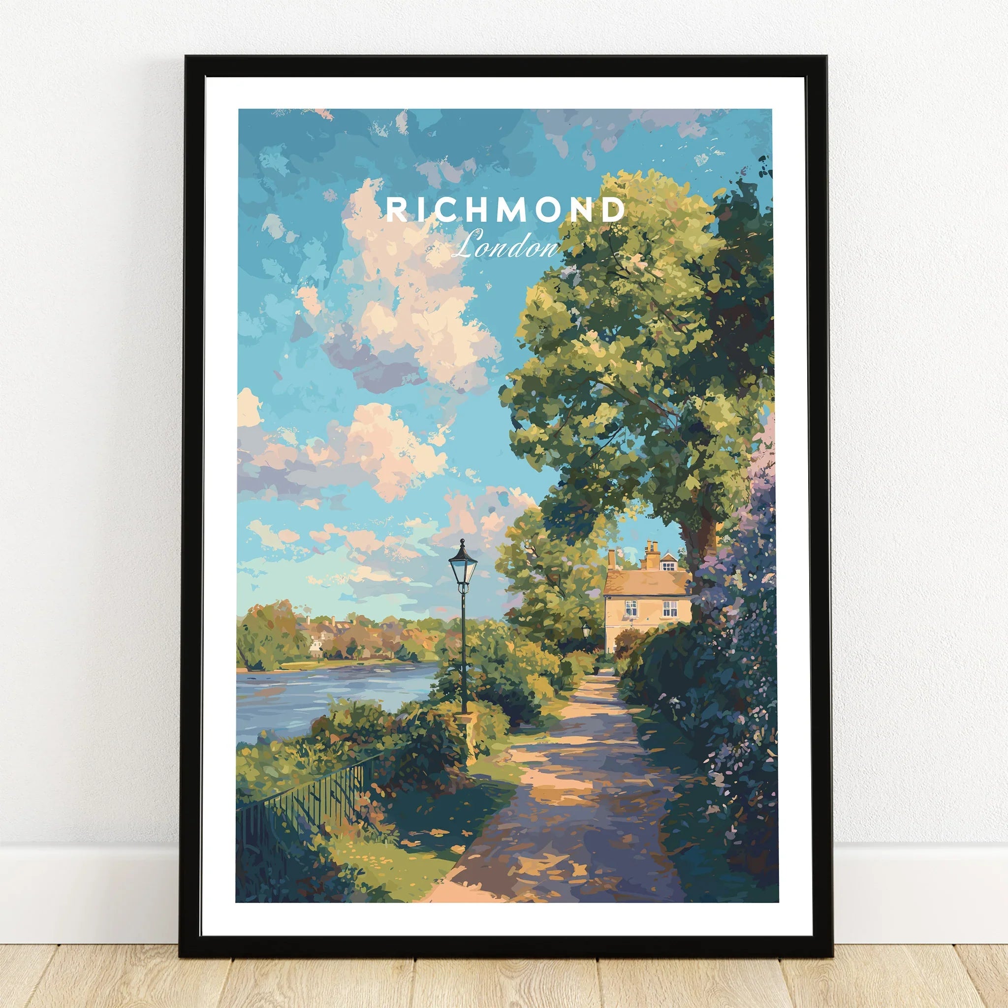Richmond London art print in black frame, riverside path with trees and blue sky, wall decor