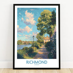 Richmond London art print in black frame on wooden floor, riverside scene with trees and house