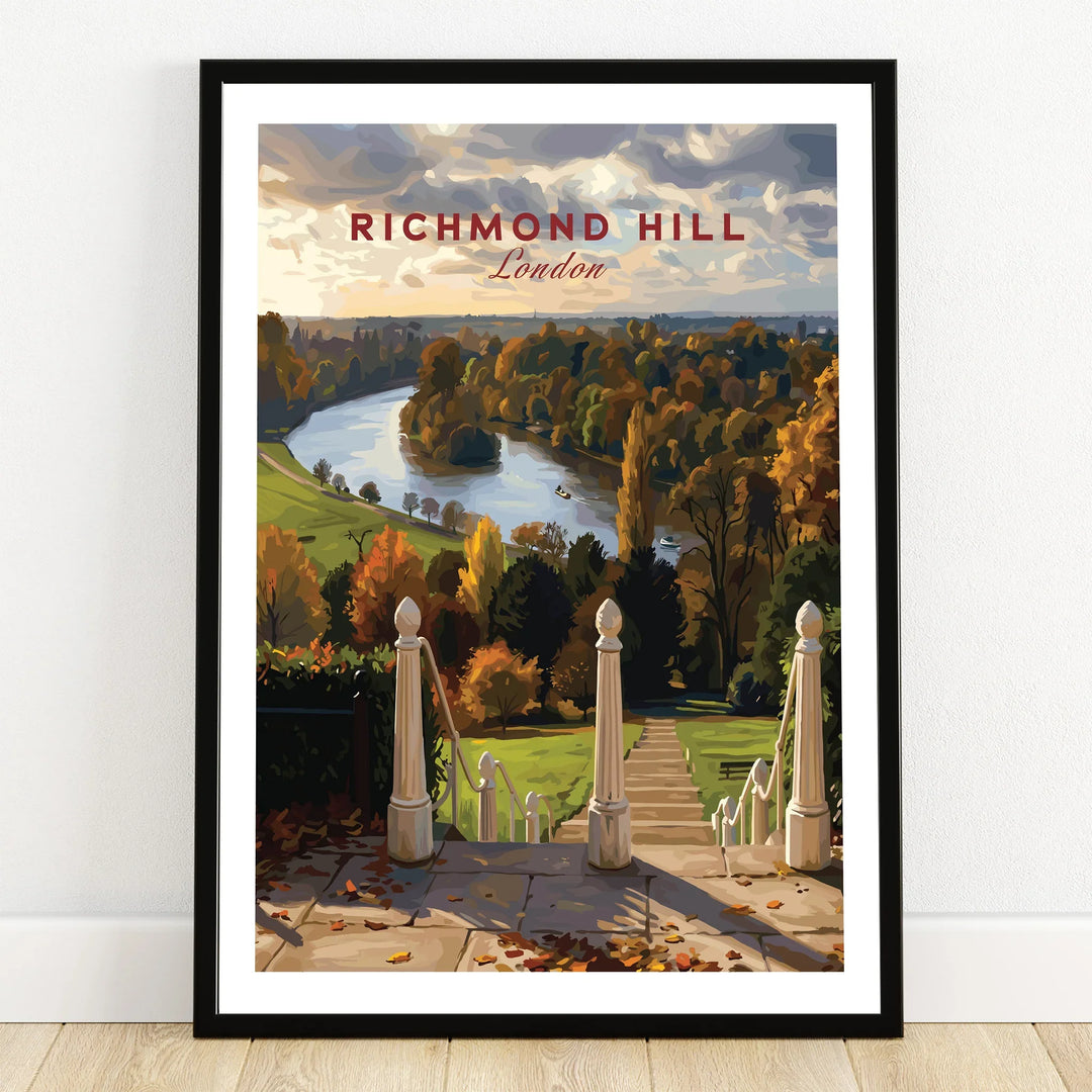 Richmond Hill London art print in black frame, featuring scenic river and autumn landscape.