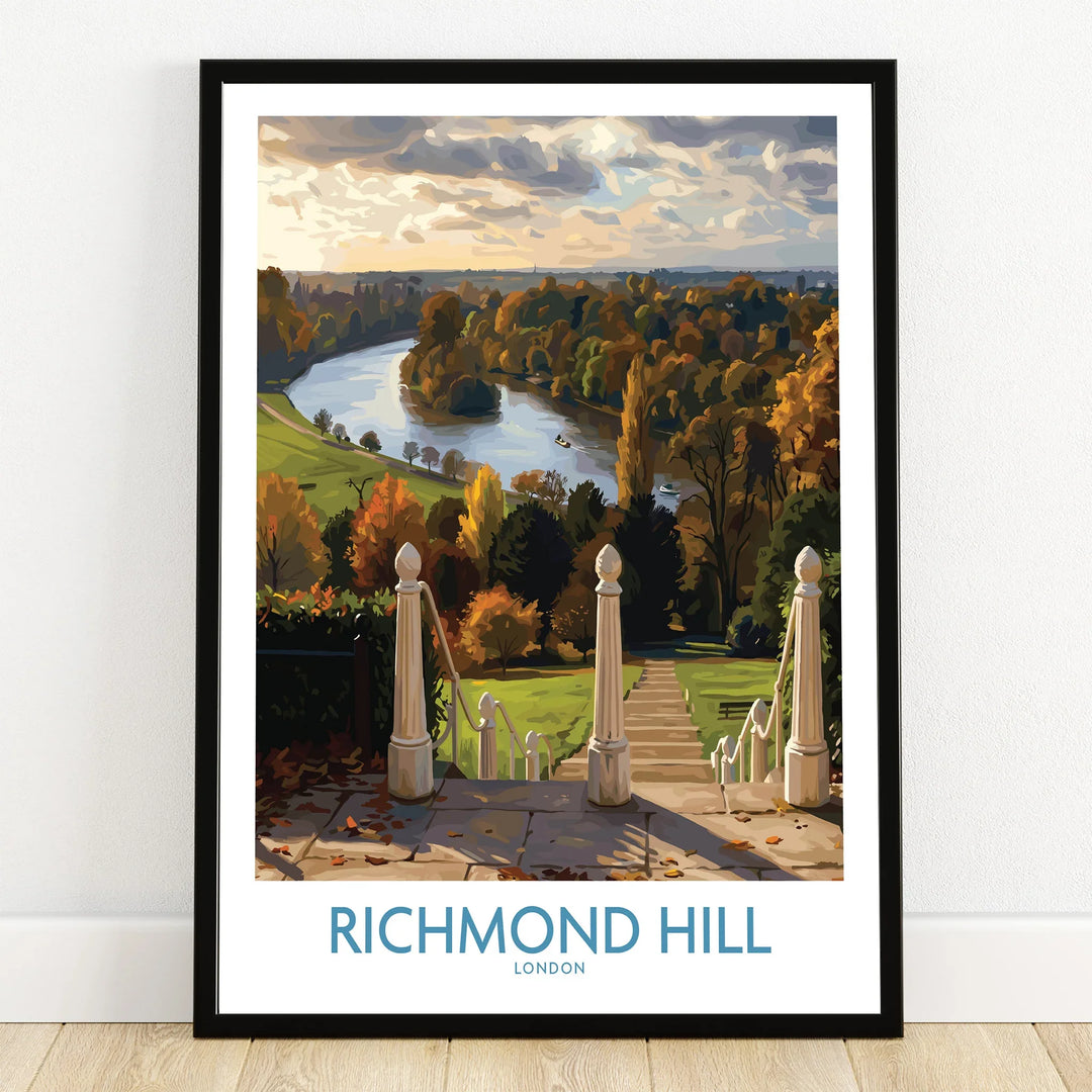 Richmond Hill London art print in black frame, scenic river landscape with autumn trees