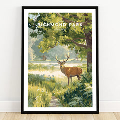 Richmond Park art print with deer in grassy landscape, black frame, home wall decor