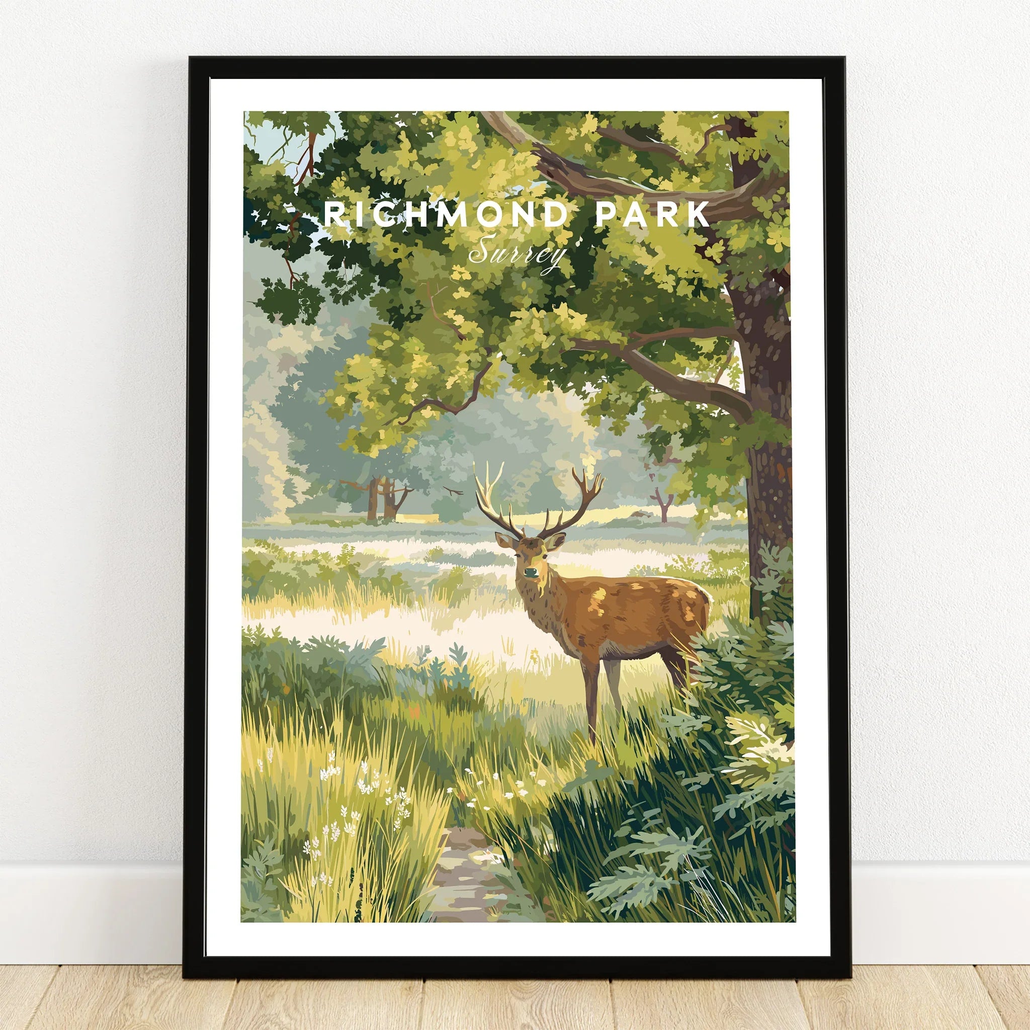 Richmond Park art print with deer in grassy landscape, black frame, home wall decor