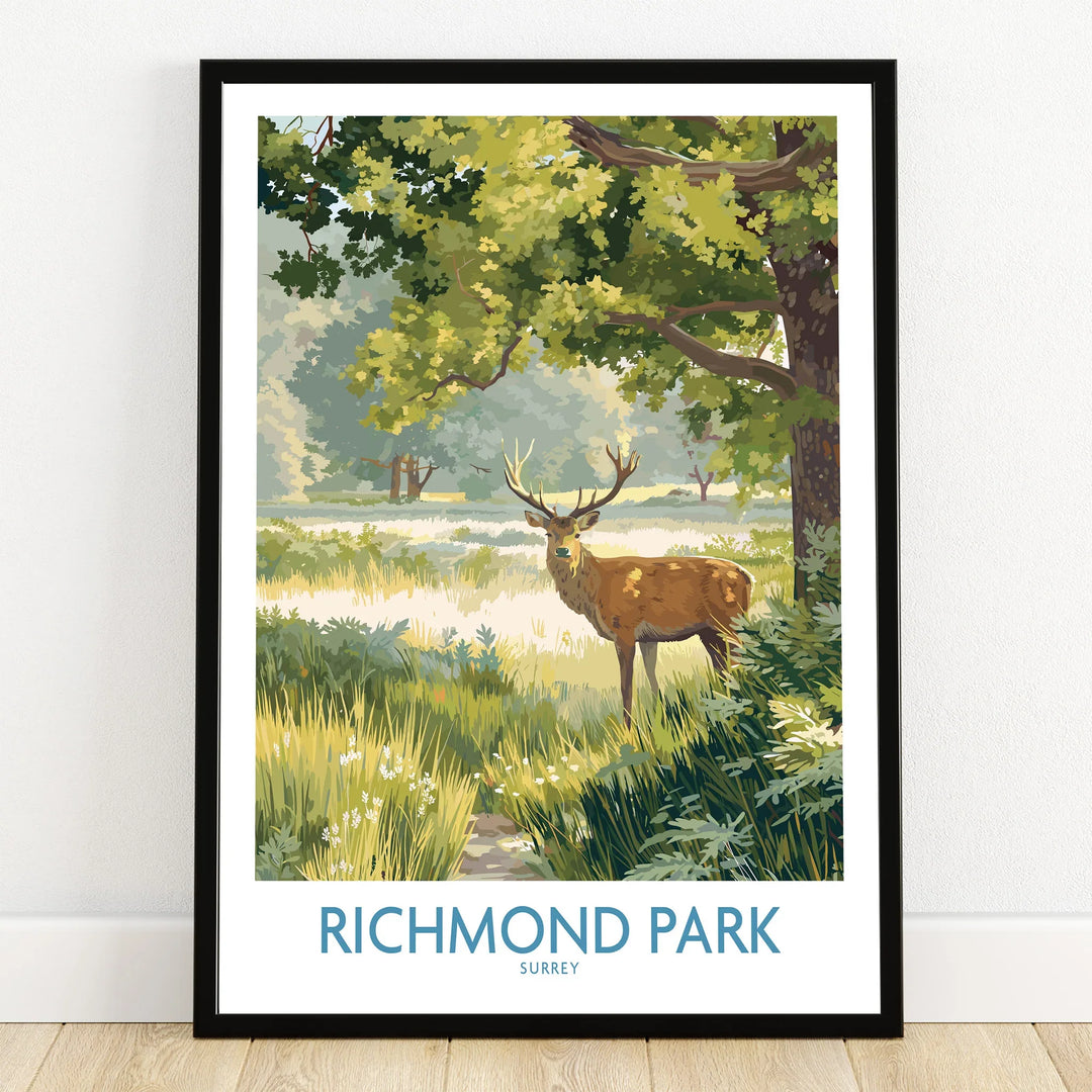 Richmond Park art print in black frame showing a deer under green trees, nature wall decor