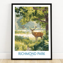 Richmond Park art print in black frame showing a deer under green trees, nature wall decor