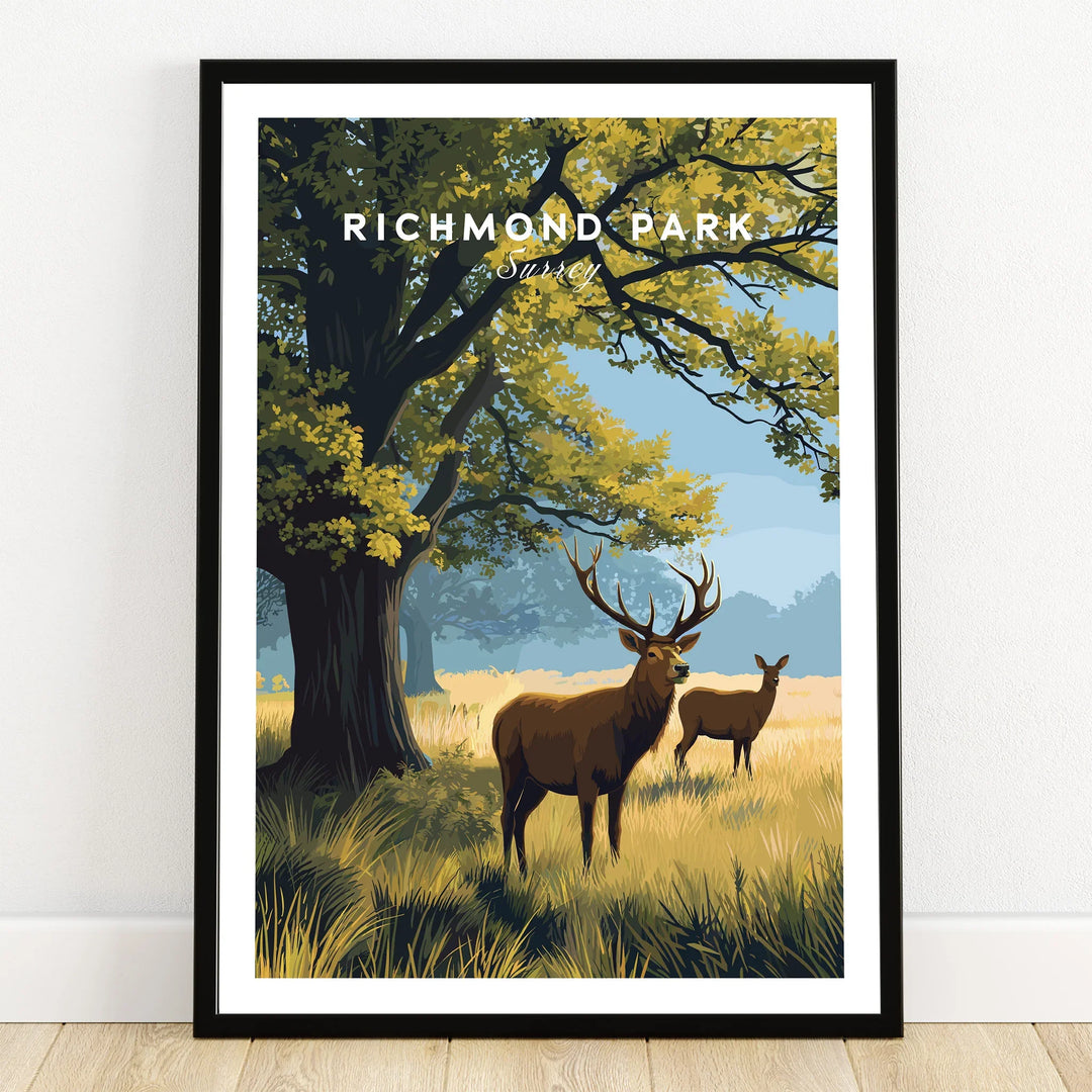 Richmond Park art print with deer under tree, landscape wall decor in black frame