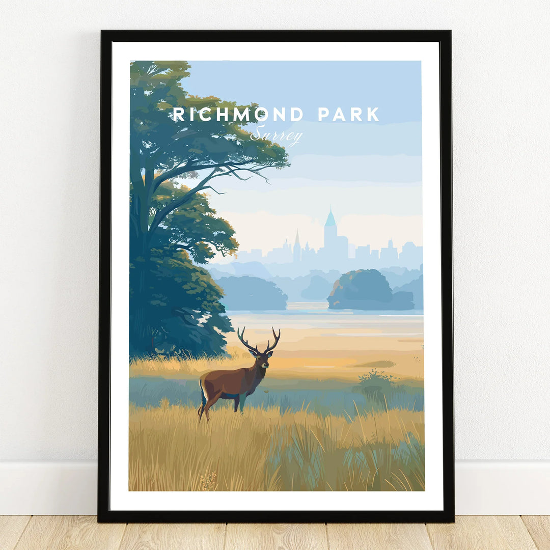 Richmond Park art print with stag, city skyline, and scenic landscape in black frame