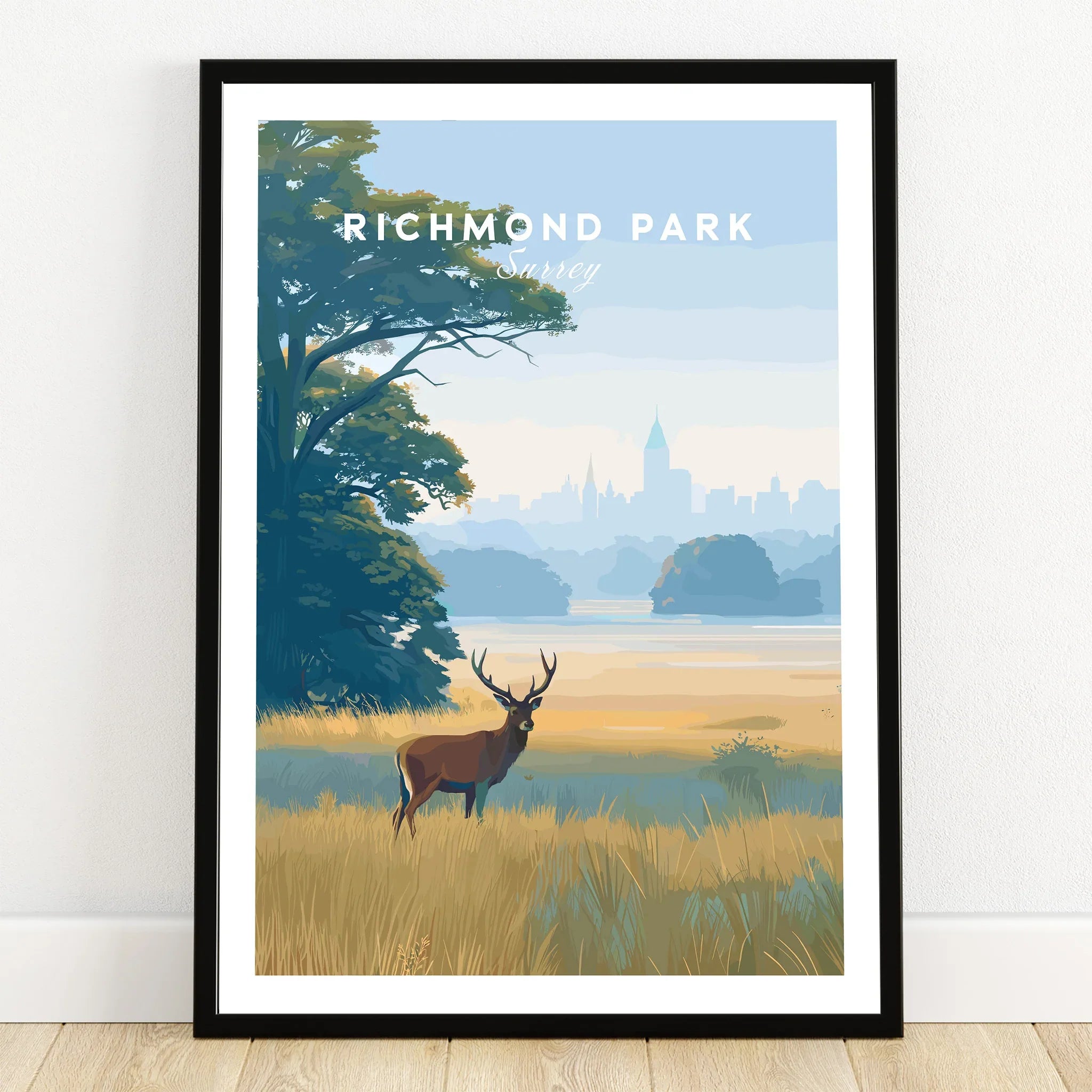 Richmond Park art print with stag, city skyline, and scenic landscape in black frame