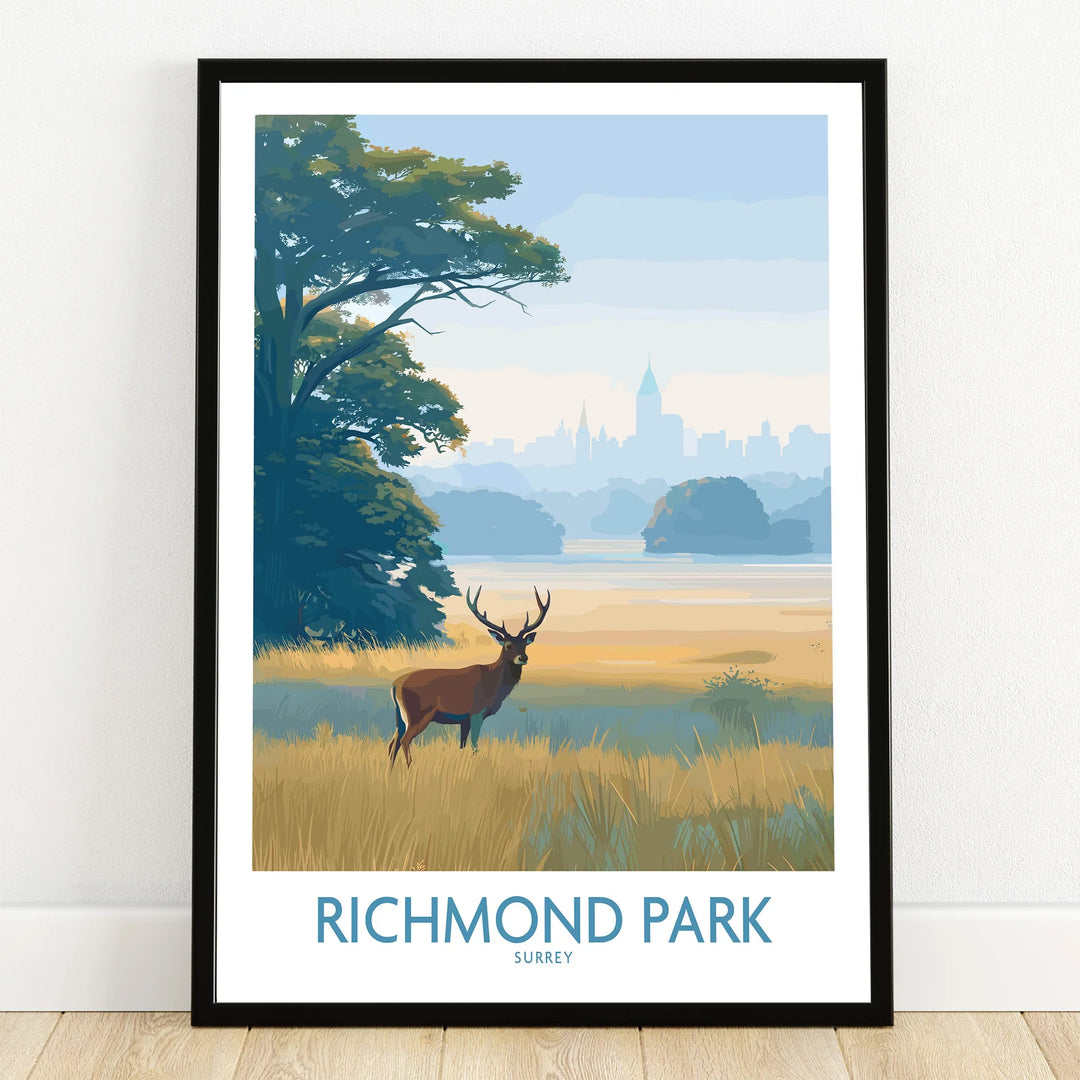 Richmond Park art print in black frame, featuring a deer, tree, and city skyline