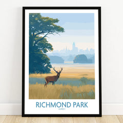 Richmond Park art print in black frame, featuring a deer, tree, and city skyline