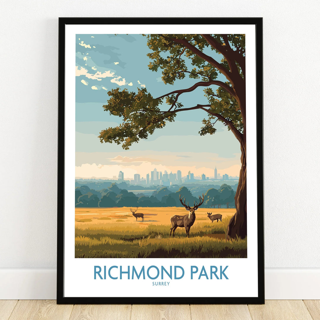 Richmond Park art print with deer under a tree, city skyline in background, black frame