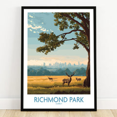 Richmond Park art print with deer under a tree, city skyline in background, black frame