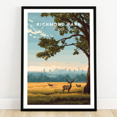 Richmond Park art print with deer, tree, and distant city skyline in black frame