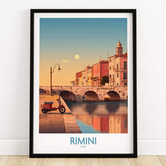 Rimini Italy Poster | Vintage Vespa & Historic Bridge Canvas Print in a framed artwork featuring scenic views of Rimini.