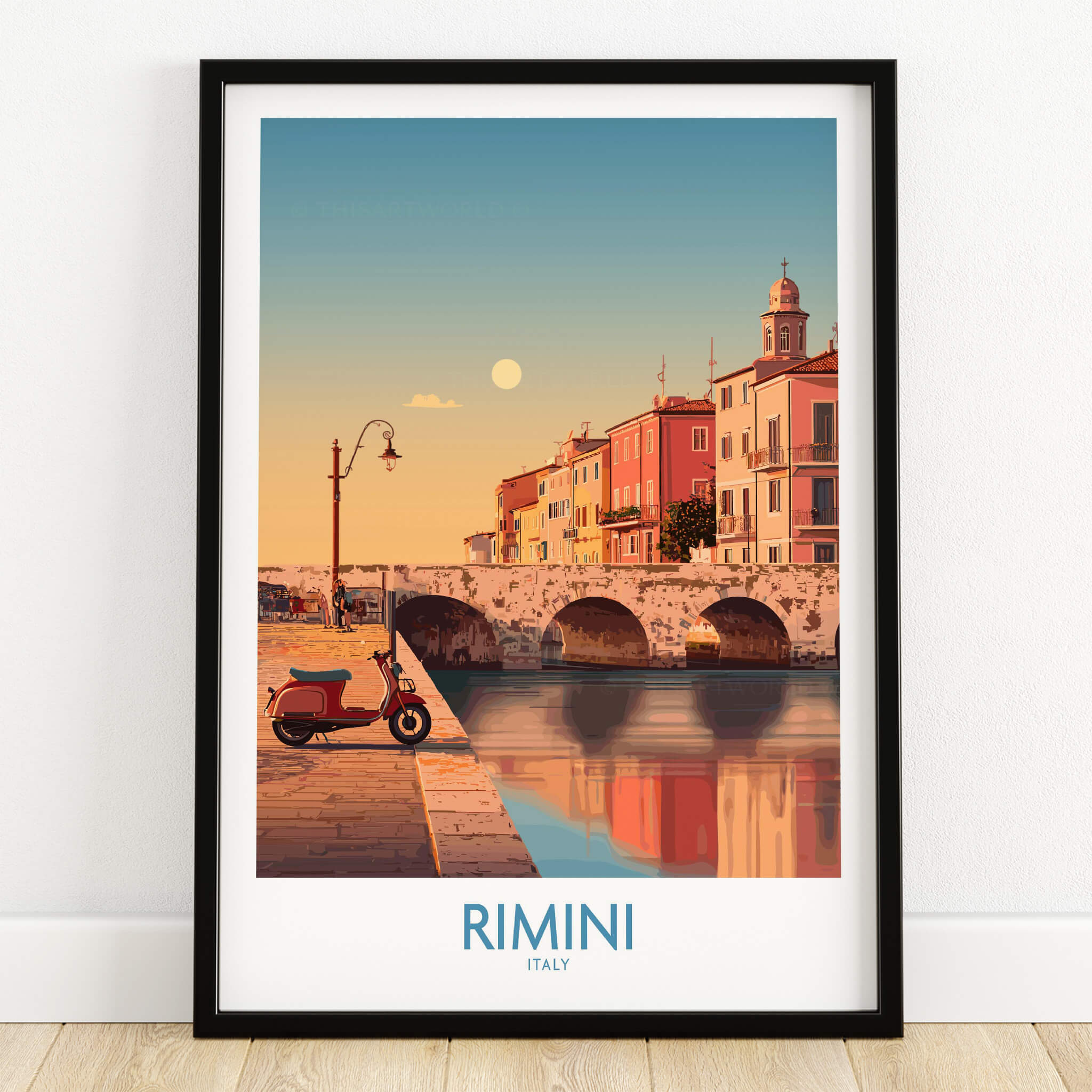 Rimini Italy Poster | Vintage Vespa & Historic Bridge Canvas Print in a framed artwork featuring scenic views of Rimini.