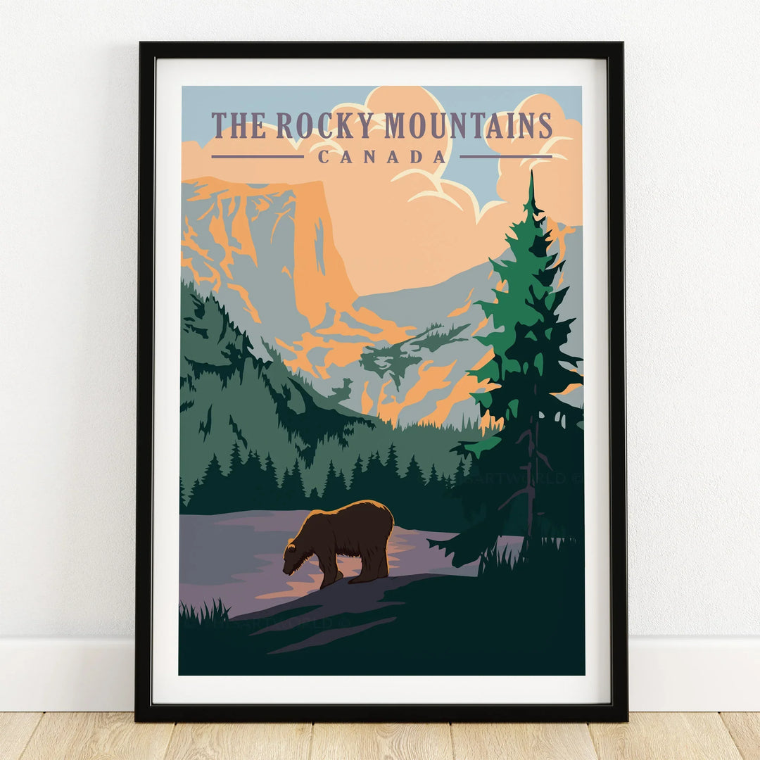 Rocky Mountains Canada art print with bear, pine trees, and mountain landscape in black frame