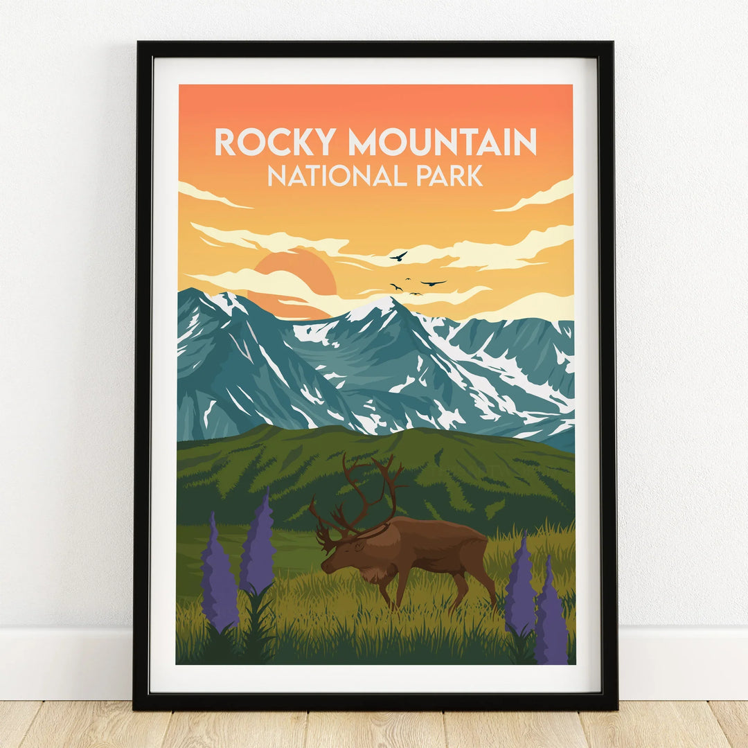 Rocky Mountain National Park art print in black frame, elk and mountains in sunset landscape