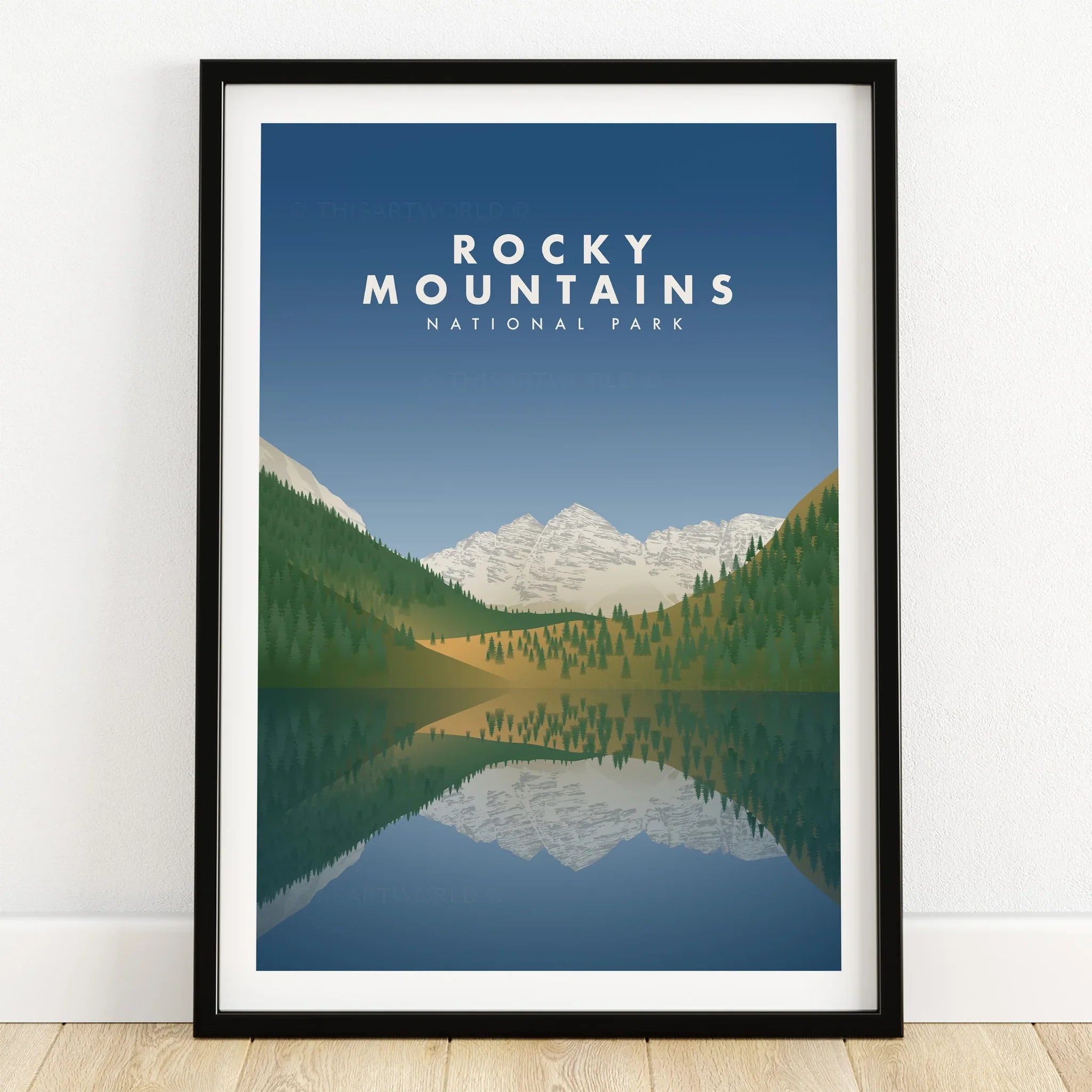 Rocky Mountains National Park art print in black frame, mountain landscape reflected in lake