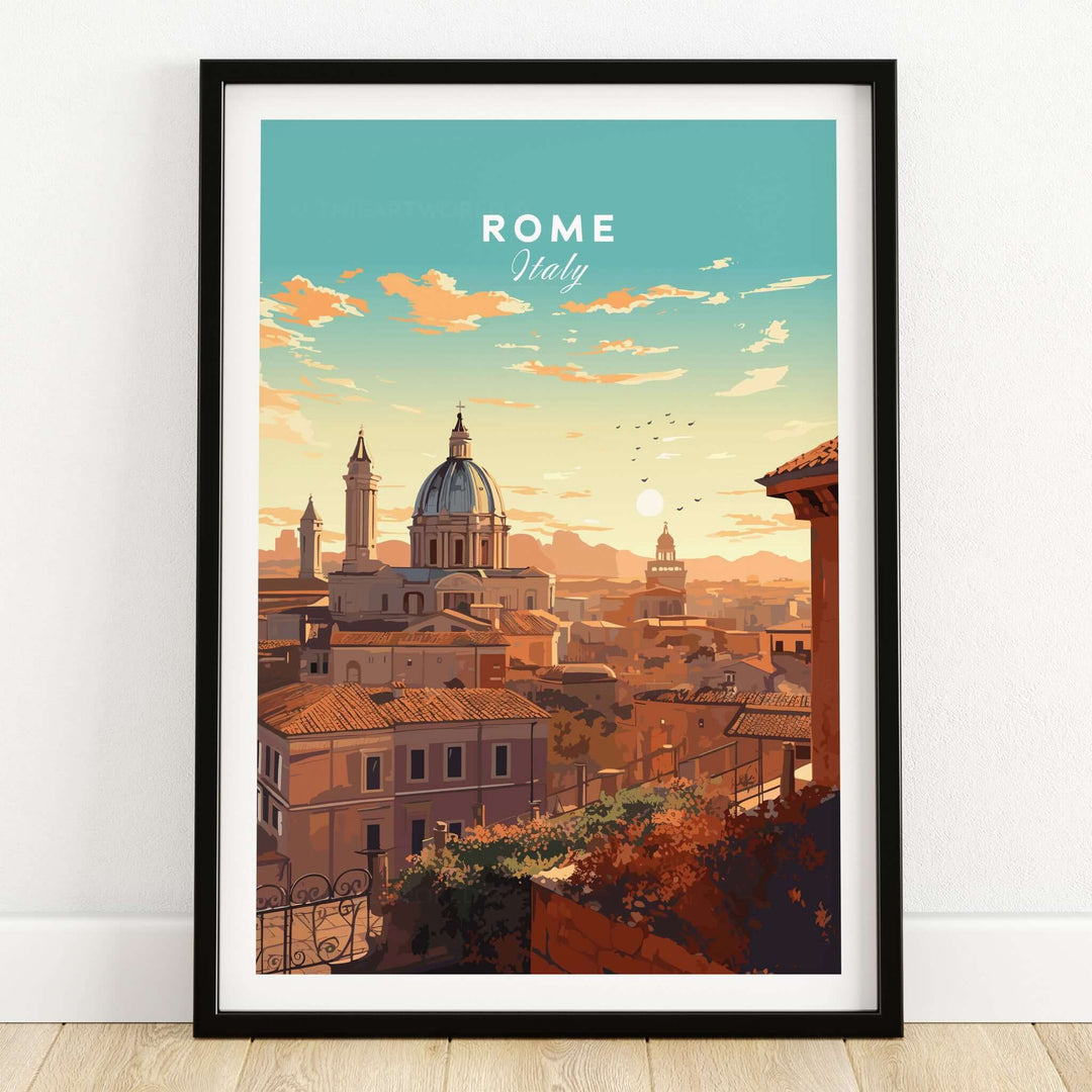 A beautiful Rome Print showcasing the skyline of Rome, Italy during sunset, ideal for art lovers and travelers.
