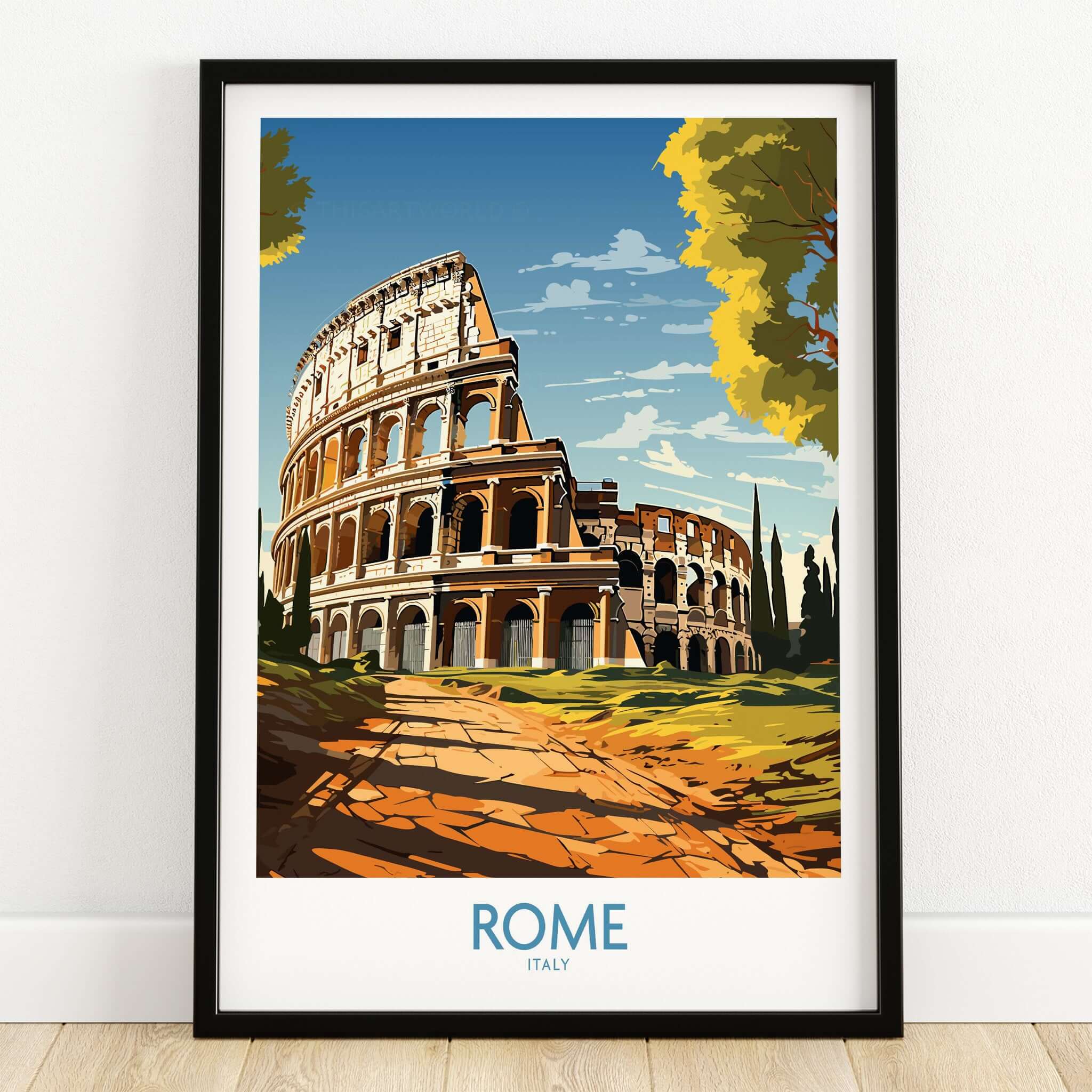 Rome Print with Colosseum artwork featuring the iconic Colosseum in vibrant colors and detailed design.