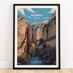 Ronda Spain Wall Art Print | Puente Nuevo Gorge Waterfall Travel Poster showcasing stunning architecture and natural beauty.
