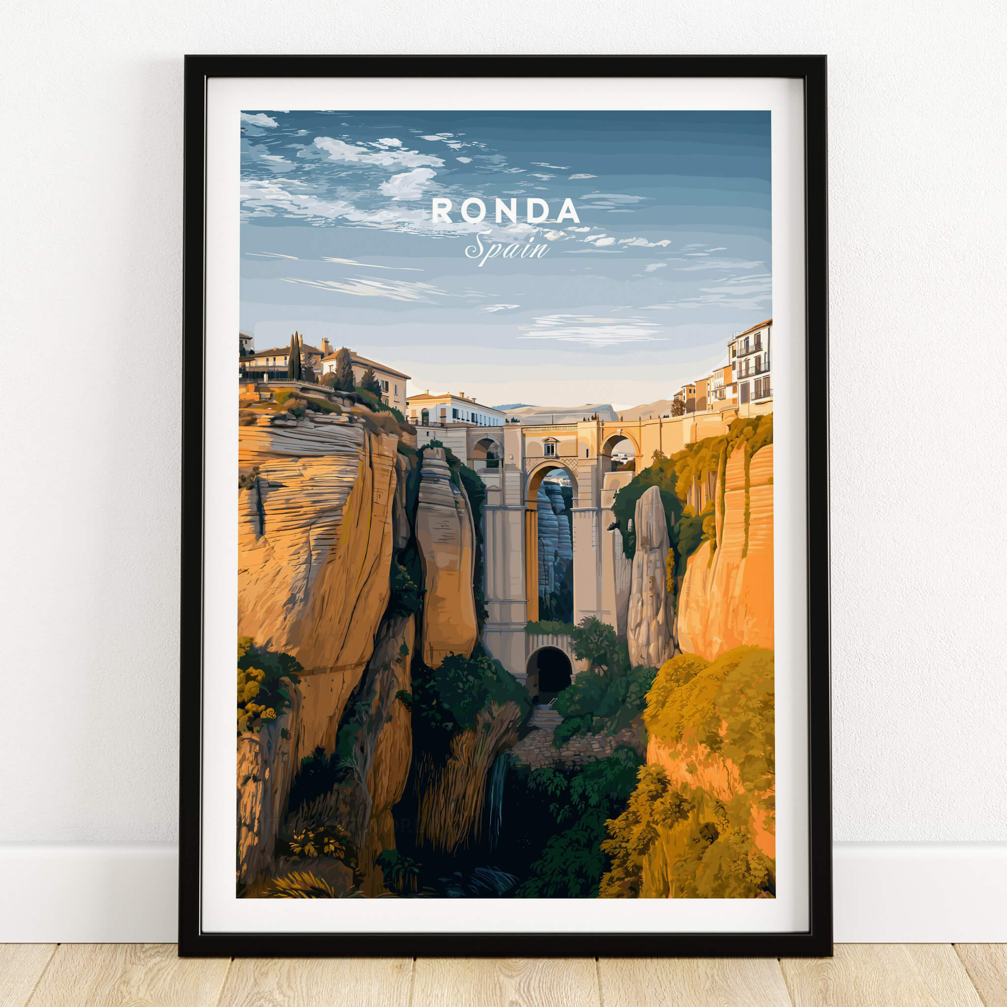 Ronda Spain Wall Art Print | Historic White Village Cliffside Travel Poster featuring stunning cliffs and architecture.