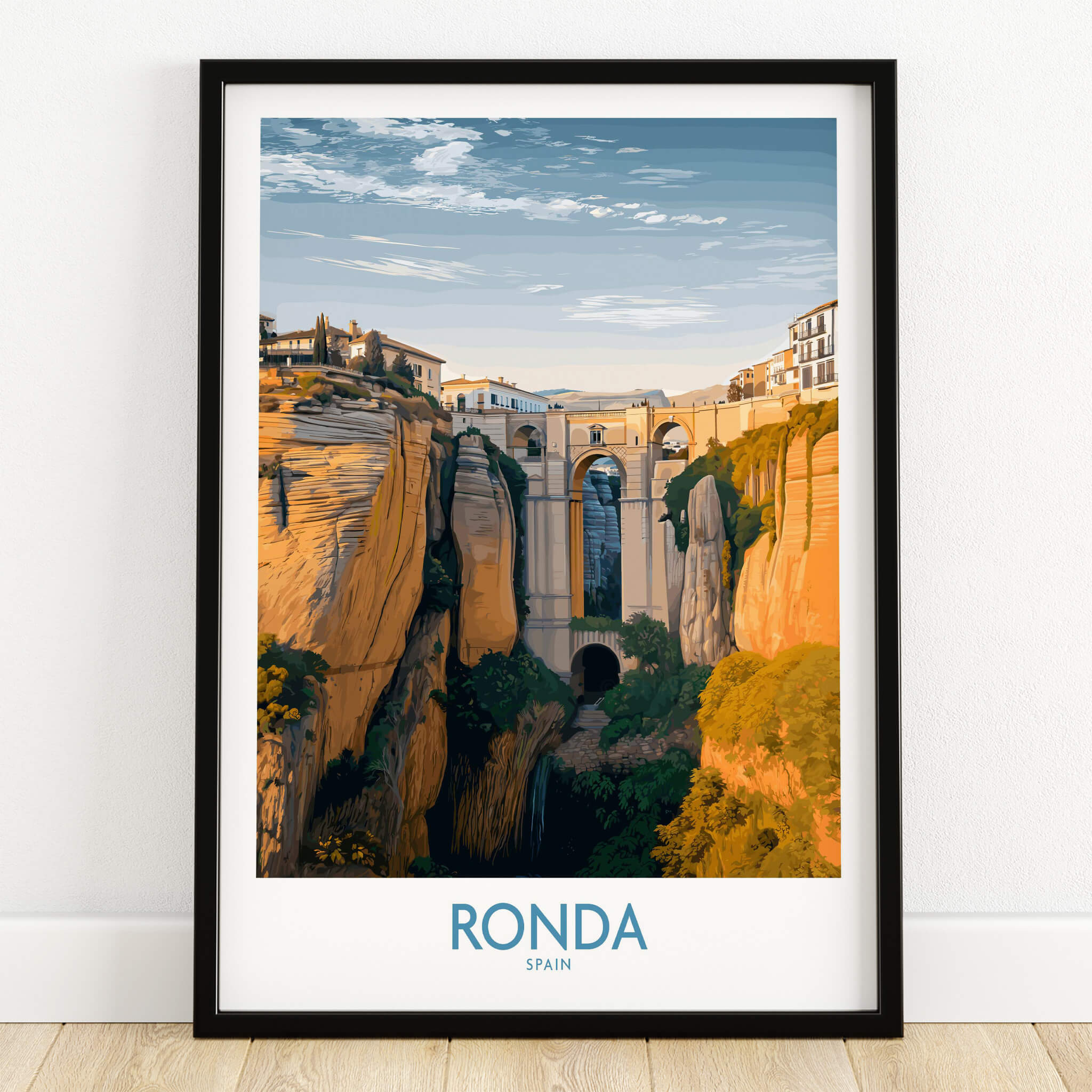 Ronda Spain Poster | Iconic Stone Bridge & Valley View Canvas Print framed artwork showcasing Ronda's stunning landscape.