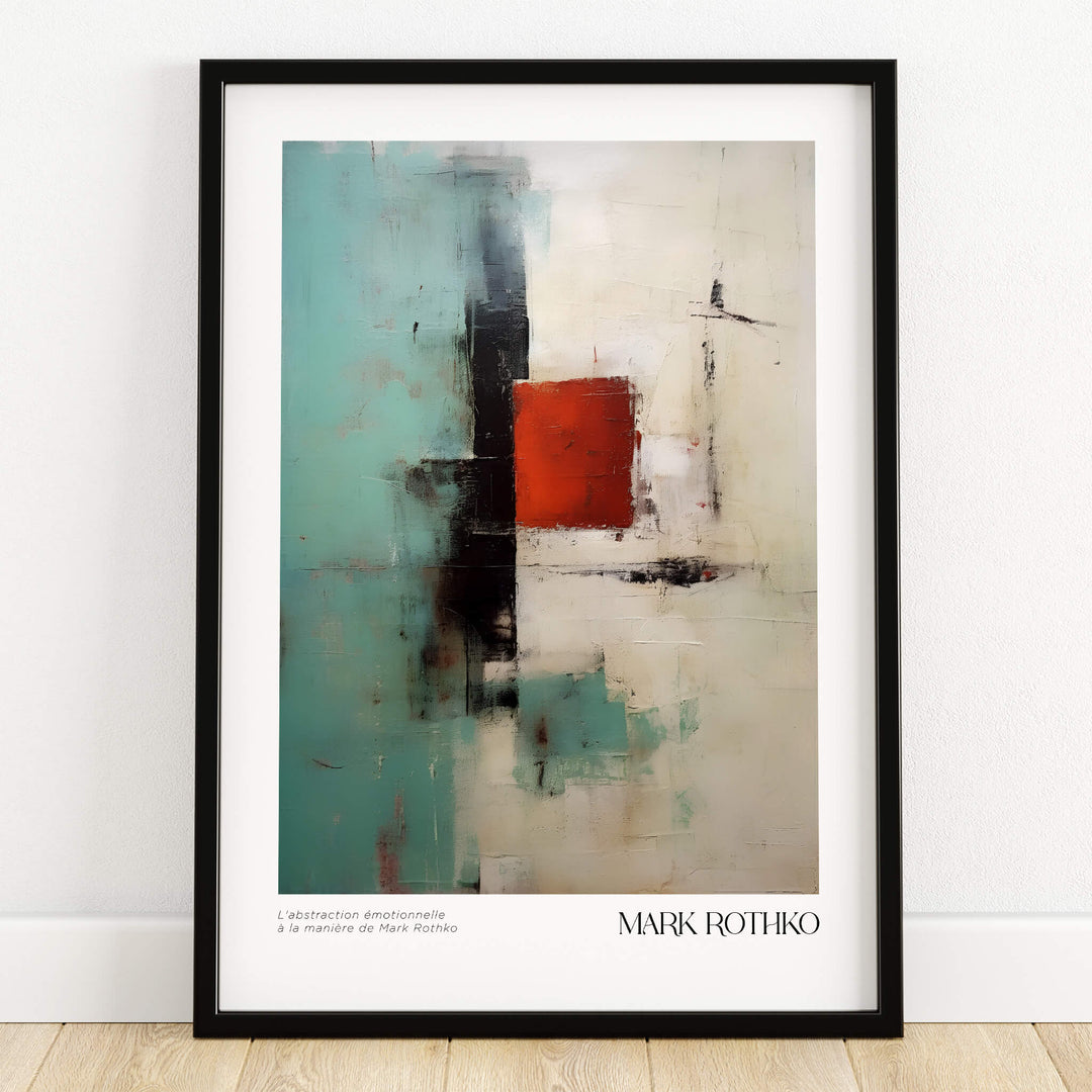 Rothko Inspired Abstract Red and Mint Art Print | Mid-Century Modern Wall Decor displayed in a black frame on a wall.
