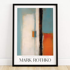 Rothko Inspired Abstract Teal and Orange Art Print | Minimalist Canvas Poster framed on a wall.