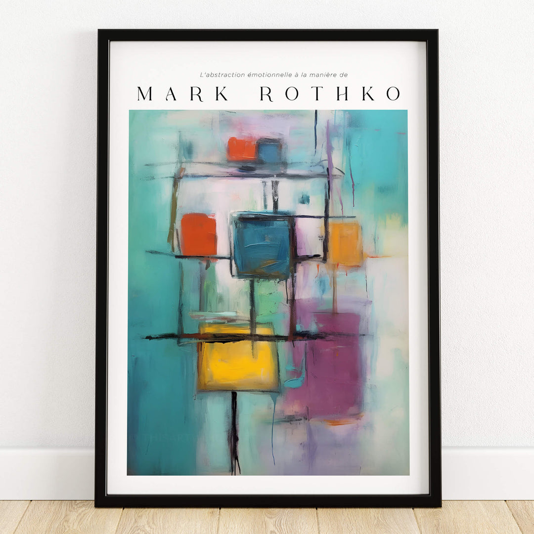 Rothko Style Floating Blocks Painting Print | Modern Abstract Canvas Wall Decor in a black frame.