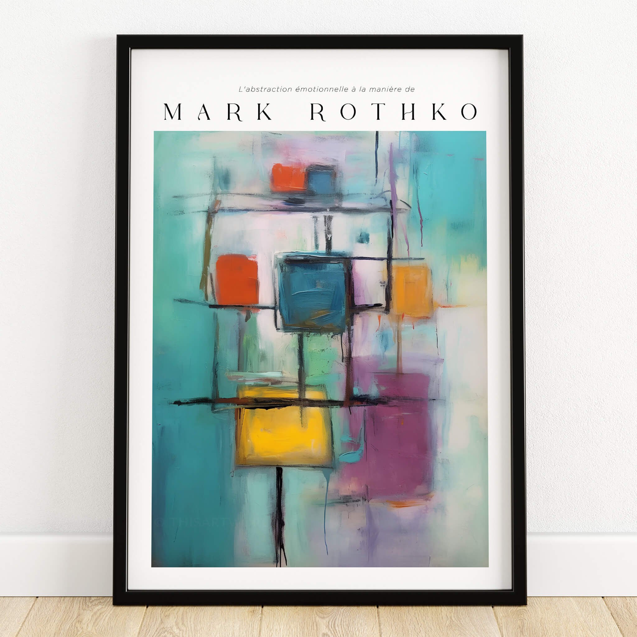 Rothko Style Floating Blocks Painting Print | Modern Abstract Canvas Wall Decor in a black frame.