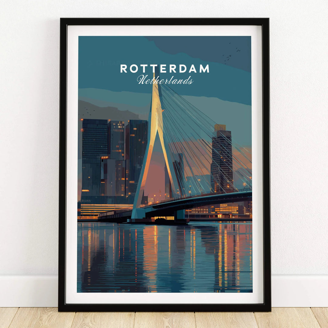 Rotterdam skyline art print with Erasmus Bridge in black frame on wooden floor