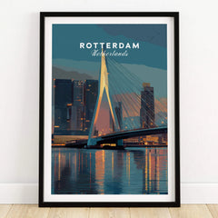 Rotterdam skyline art print with Erasmus Bridge in black frame on wooden floor