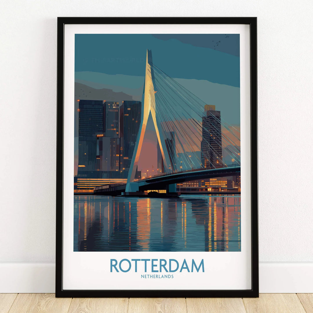 Rotterdam skyline art print in black frame with Erasmus Bridge illustration and cityscape reflection