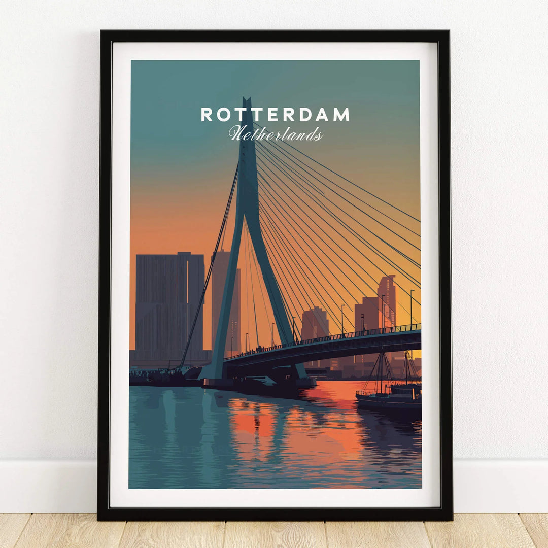 Rotterdam city skyline art print with Erasmus Bridge in black frame, sunset wall decor