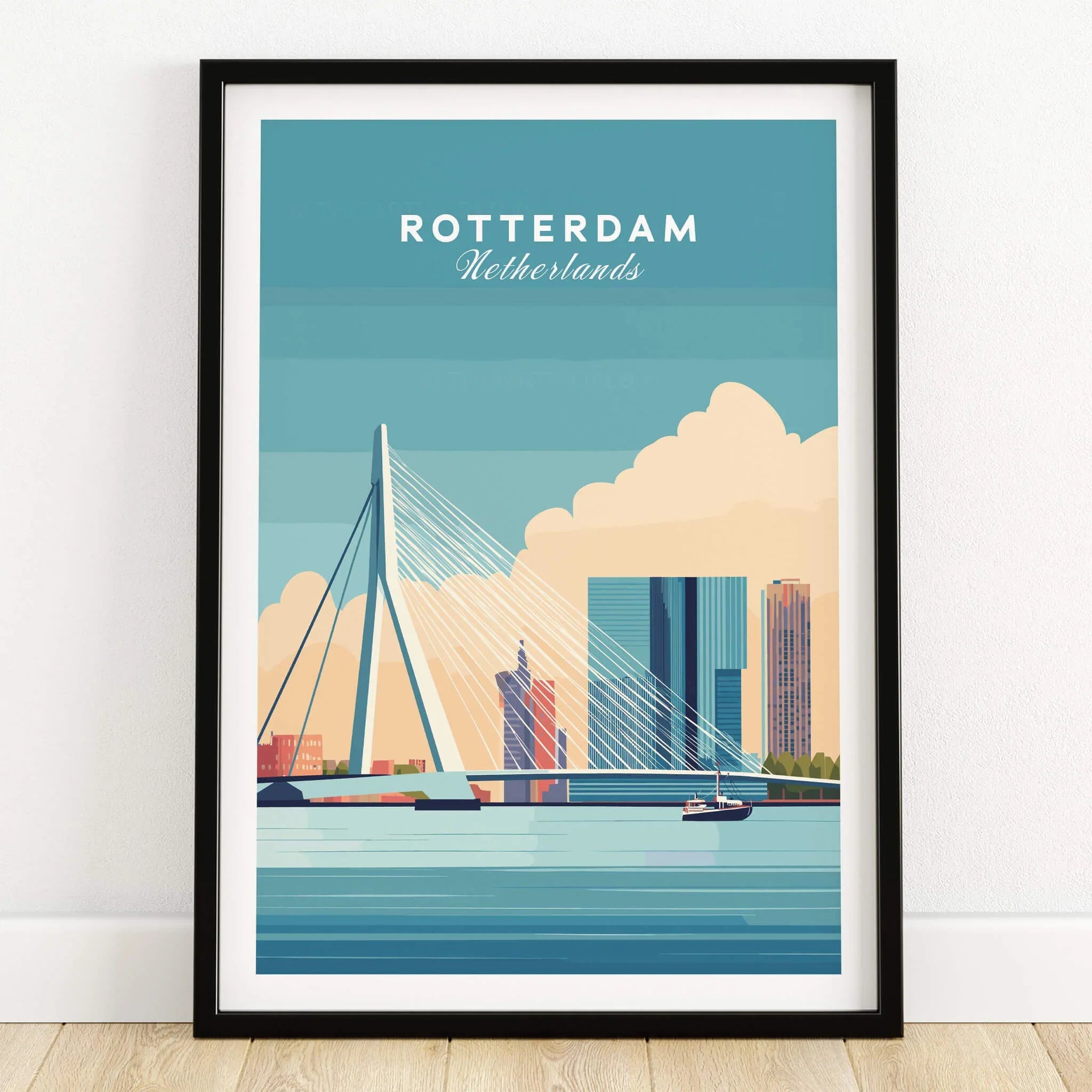 Rotterdam skyline art print in black frame with Erasmus Bridge, modern buildings, and river.