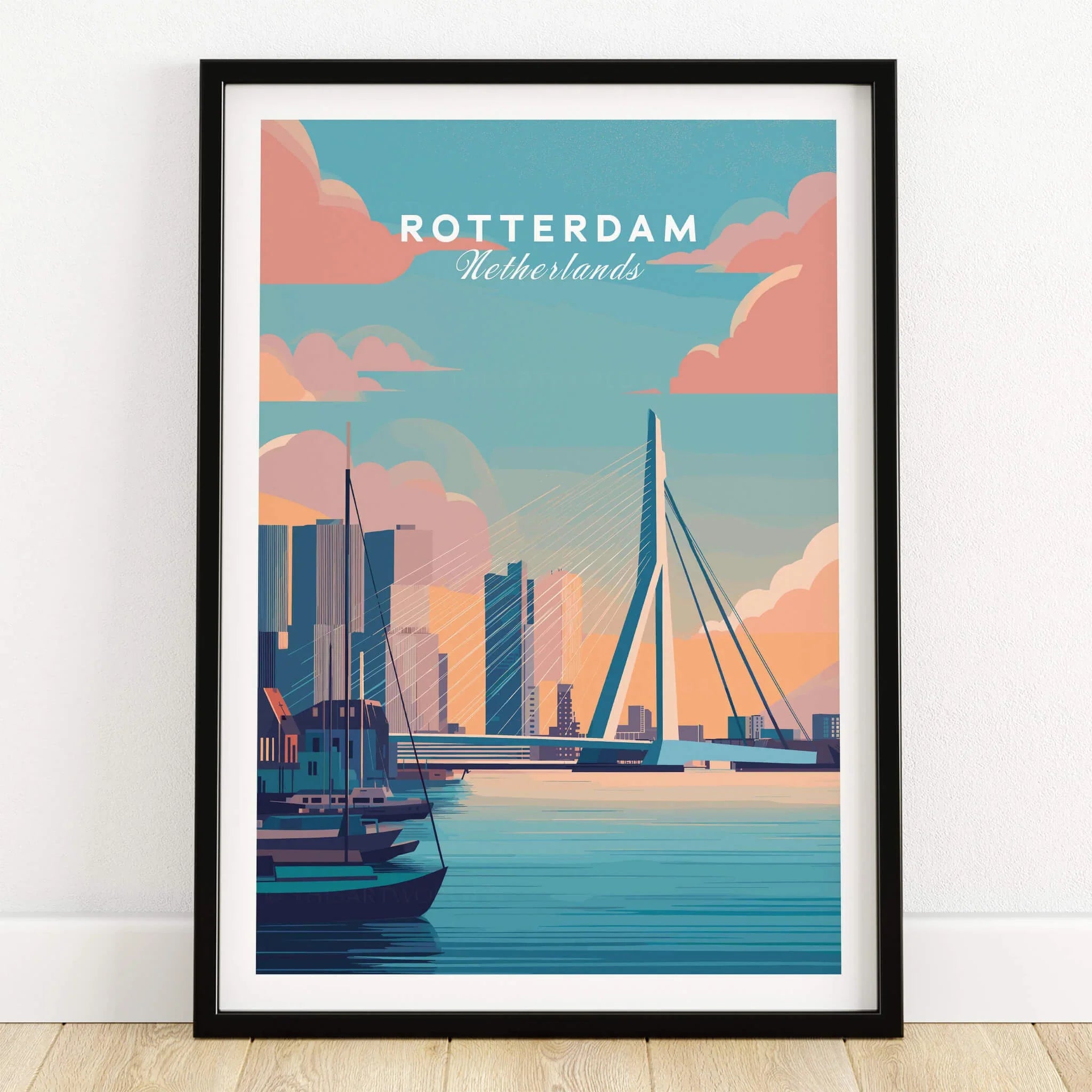 Rotterdam city skyline art print in black frame, featuring iconic bridge and waterfront.