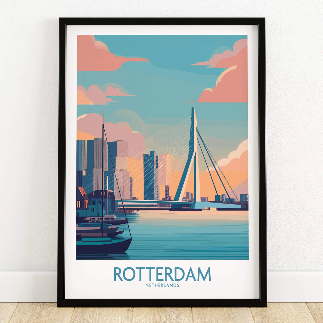 Rotterdam skyline wall art print in black frame with Erasmus Bridge and modern buildings