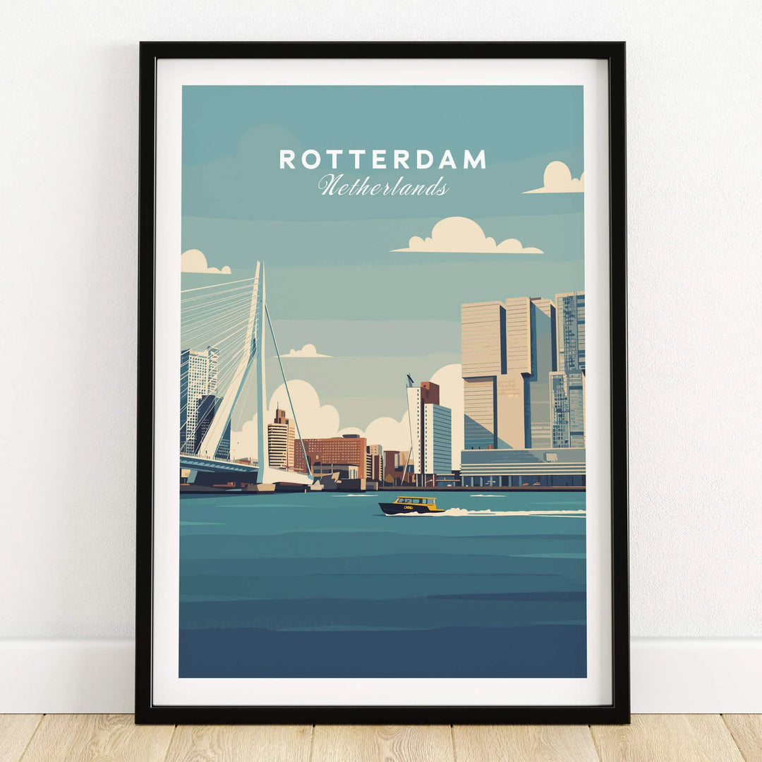 Rotterdam city skyline travel poster in black frame on wooden floor.