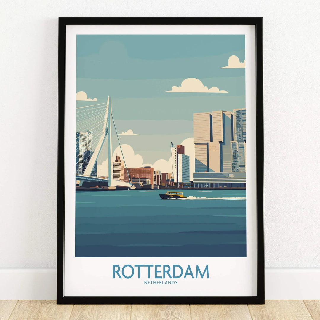 Rotterdam Netherlands travel poster art print in black frame on wooden floor, featuring city skyline and river