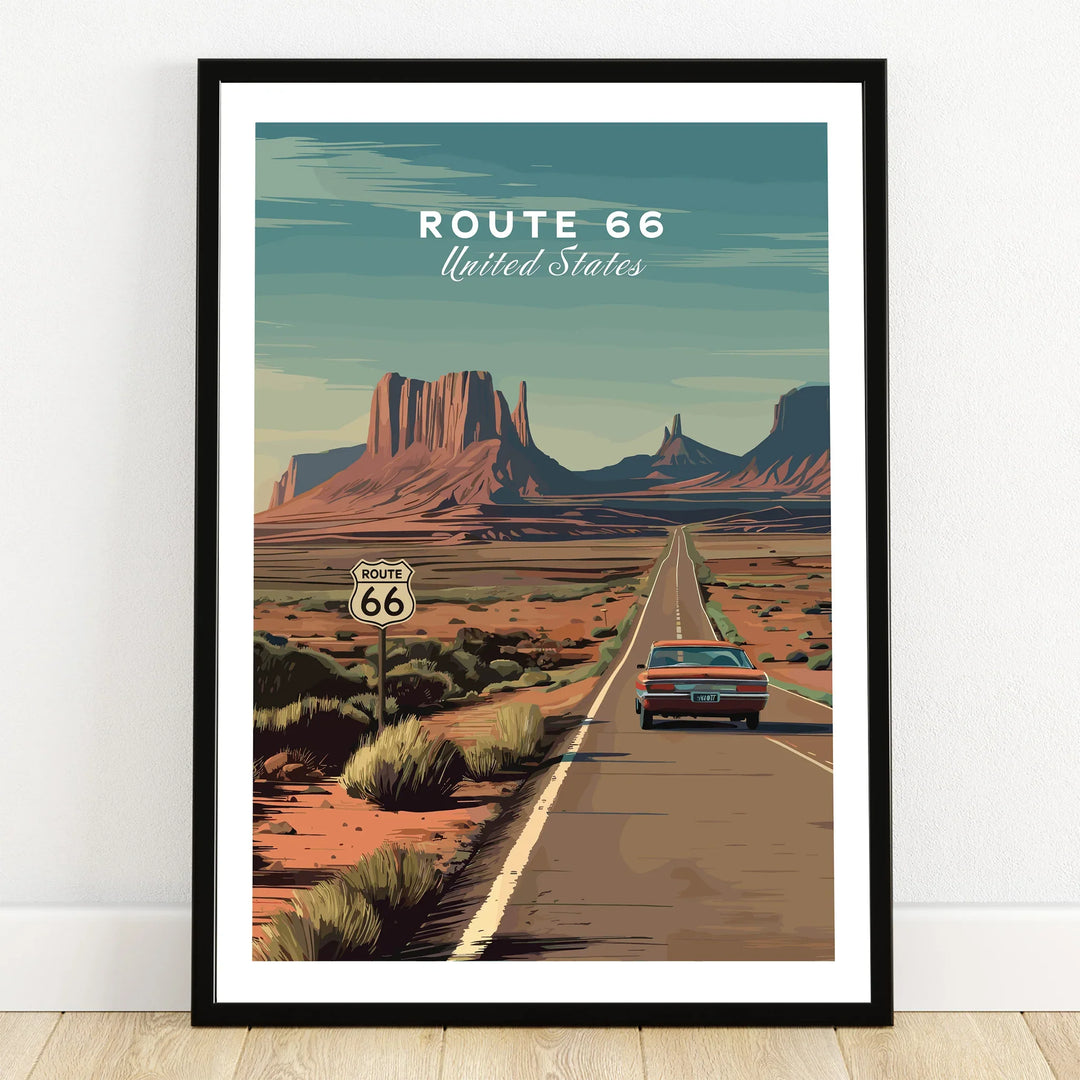Framed Route 66 art print with vintage car, desert road, and scenic sandstone buttes