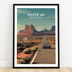 Framed Route 66 art print with vintage car, desert road, and scenic sandstone buttes