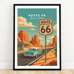 Route 66 travel poster art print in black frame with vintage car and desert landscape