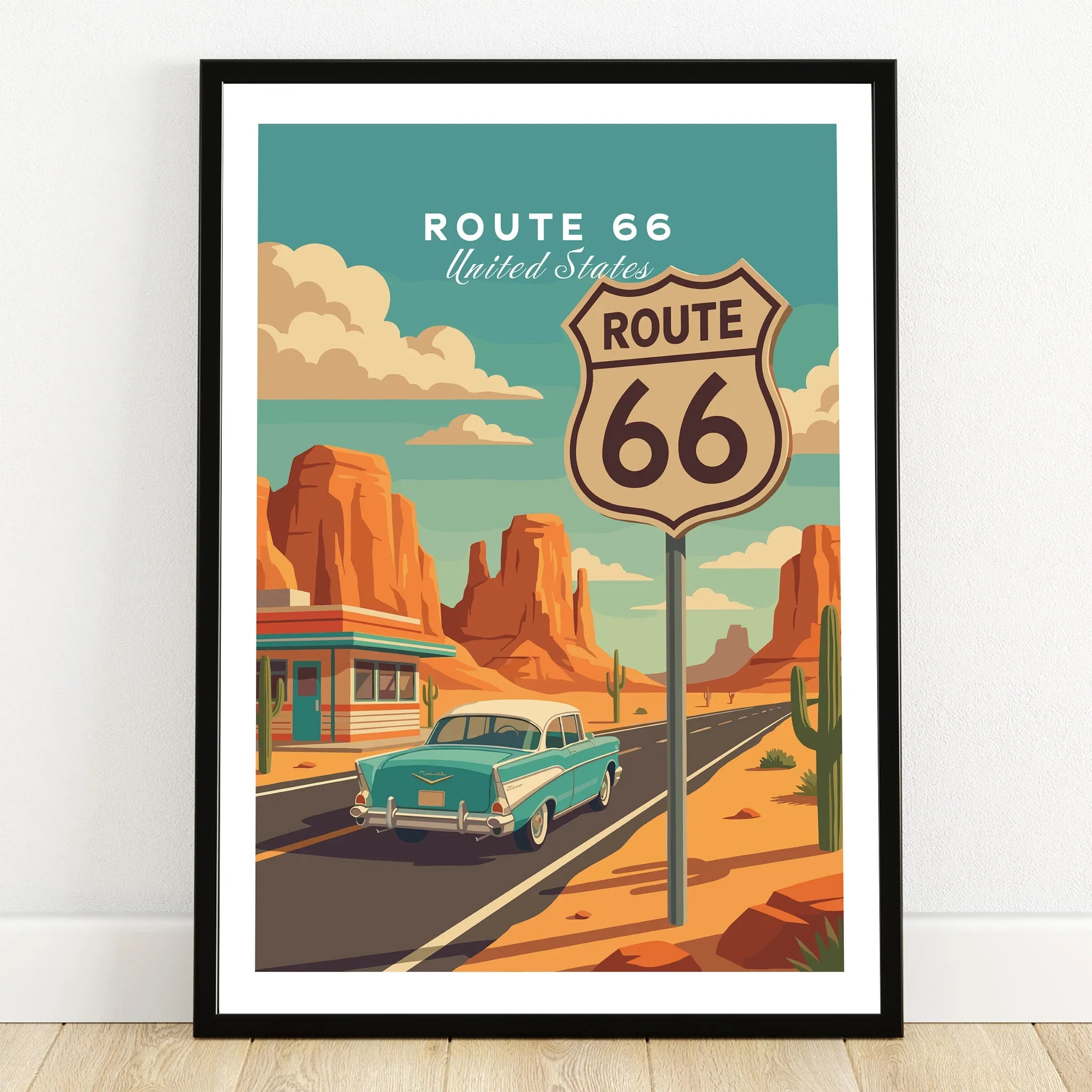Route 66 travel poster art print in black frame with vintage car and desert landscape
