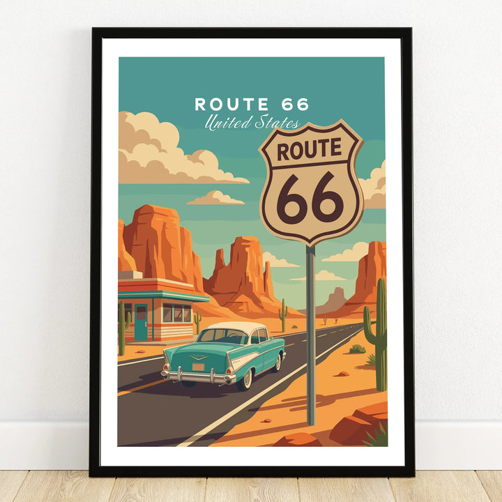 Route 66 travel poster art print in black frame with vintage car and desert landscape
